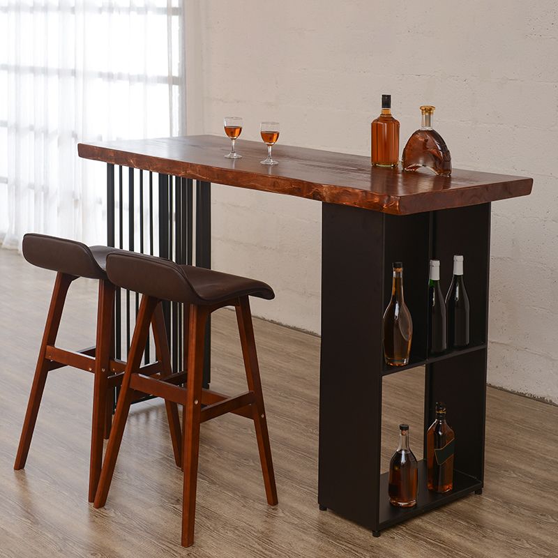 Contemporary Rectangle Bar Table Solid Wood Brown Bar Dining Table with Storage