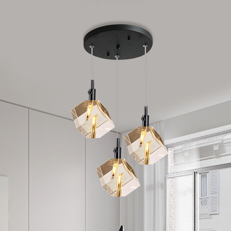 Modernistische Würfel Multi-Pendelleuchte leichte Kristallglas 3-Kopf-Esszimmer LED-Federung in Schwarz