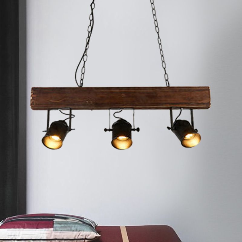 Barrel Shade Metal Island Pendant Light Vintage 3 Heads Restaurant Island Lighting with Linear Wooden Beam in Black