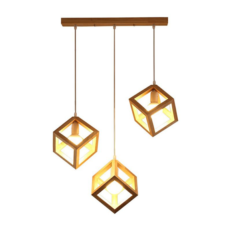 Wood Cube Cluster Pendant Light Contemporary 3-Head Suspension Light for Dining Room