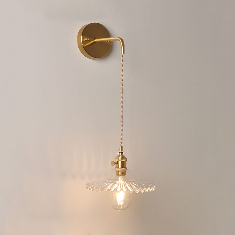 Scalloped Clear/Opal Glass Wall Mounted Lamp Industrial Single Bulb Bedroom Sconce Light in Brass