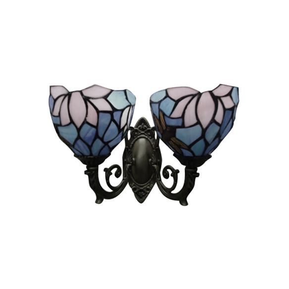 Living Room Lotus Wall Light Stained Glass 2 Bulbs Traditional Tiffany Wall Sconce in Blue and Pink