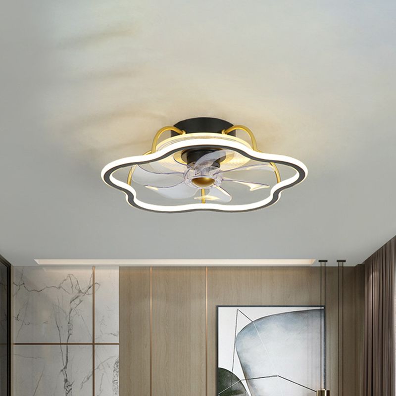 7-blade zwart/gouden bloemvorm semi-spoel kroonluchter verlichting eenvoudige metalen led hangersventilator, 18,5 inch breed