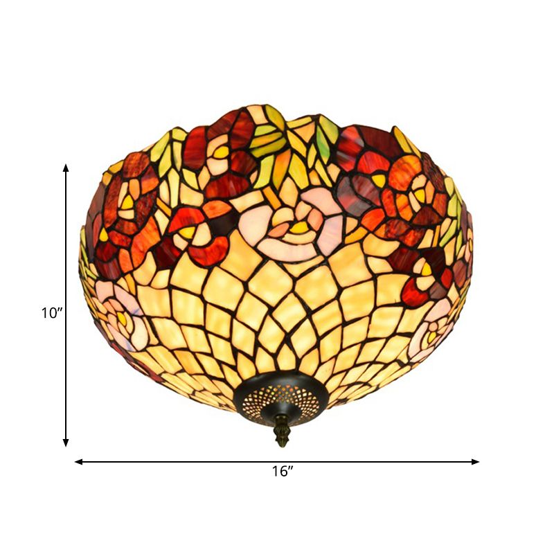 Tiffany-Style Bloom Flush Mount Recessed Lighting 3 Bulb Handcrafted Stained Glass Close to Ceiling Lamp in Bronze