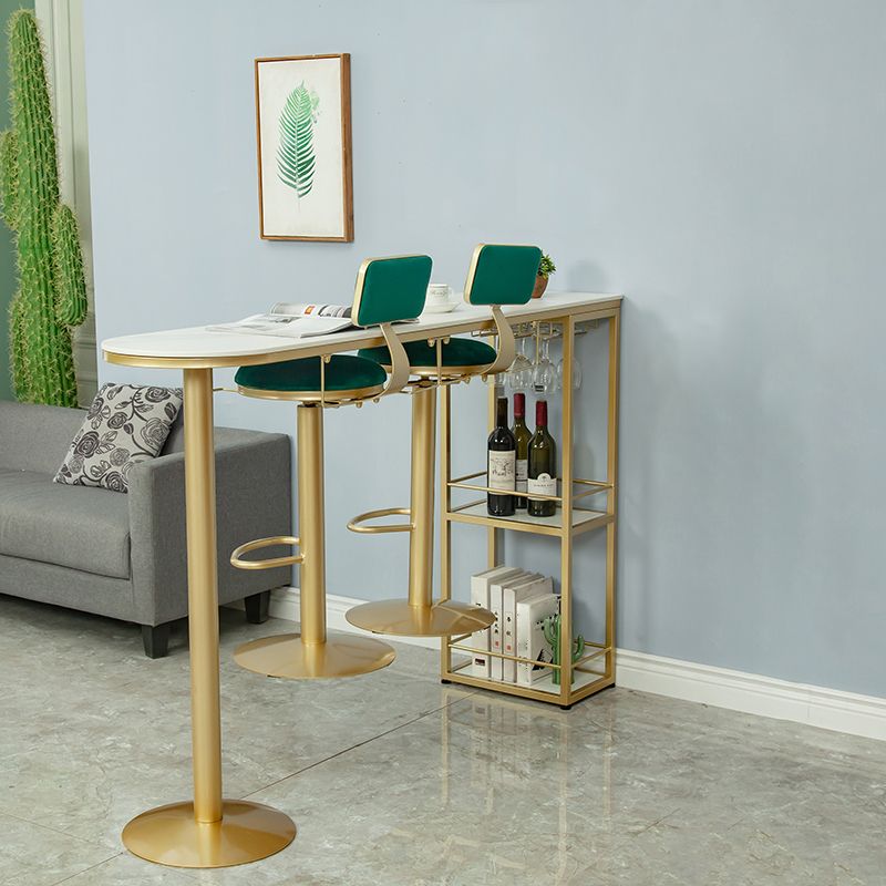 White Stone Glam Indoor Bar Dining Table Gold Double Pedestal Bistro Table with Shelve