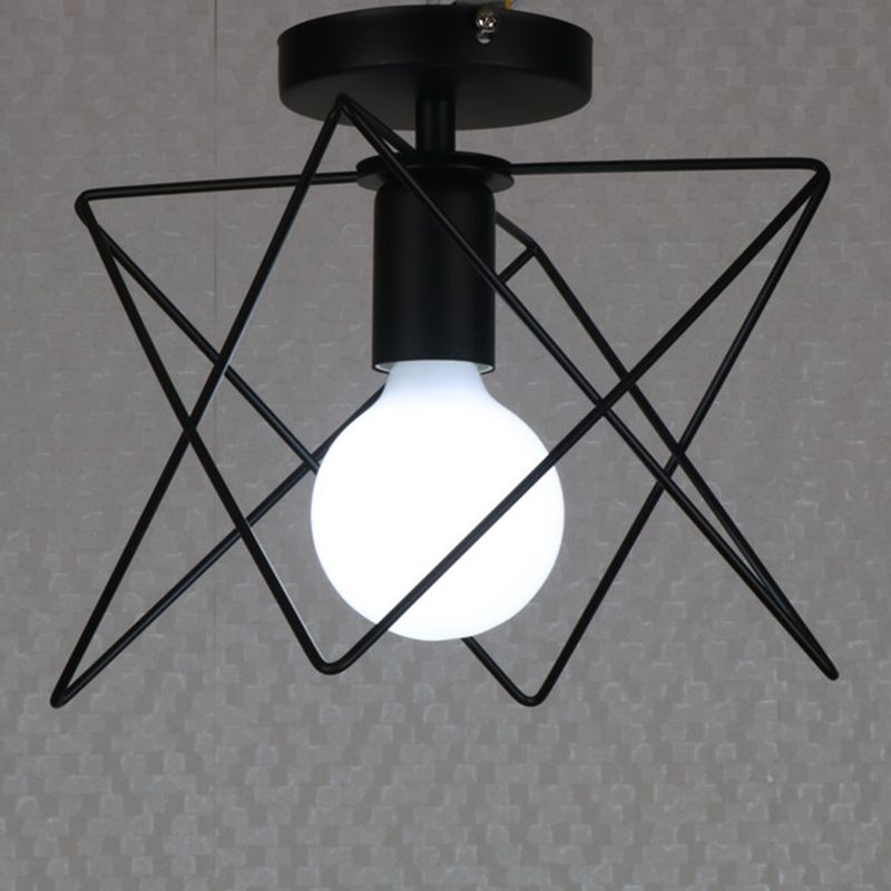 Black 1-Light Semi Flush Ceiling Light in Industrial Vintage Style Wrought Iron Flush Mount with Iron Frame