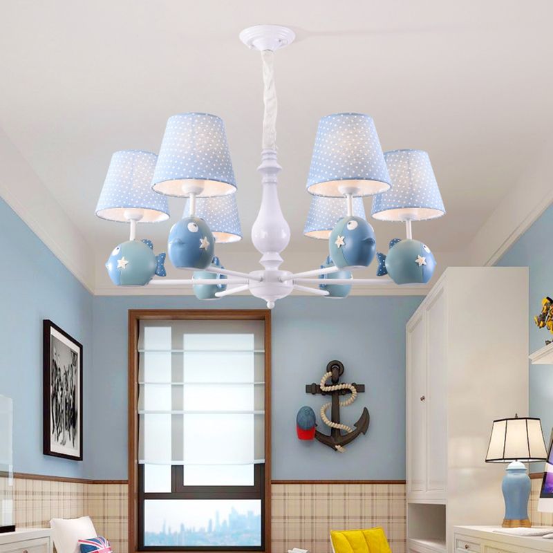 Cartoon Chandelier Lighting White Conical Suspension Light with Tapered Fabric Shade for Kids Room