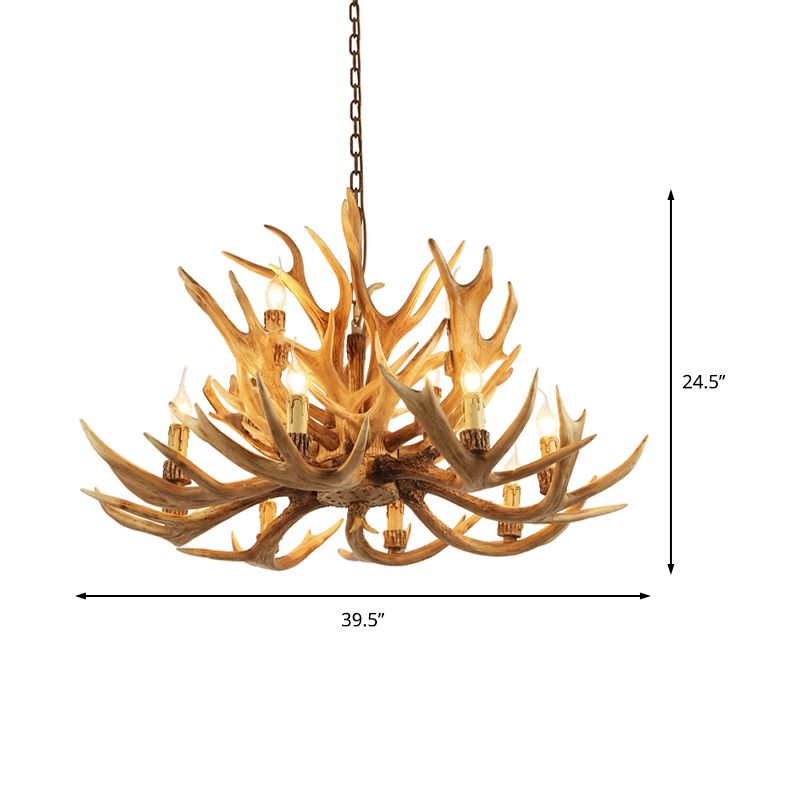 Village Candelabra Hanging Pendant 12 Lights Resin Ceiling Chandelier with Antler in Brown for Living Room