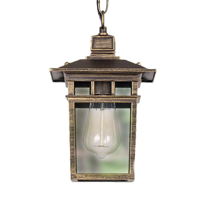 Industrial Lantern Hanging Lighting Metal and Clear Glass 1 Light Black/Bronze/Gold Outdoor Pendant Lamp for Porch