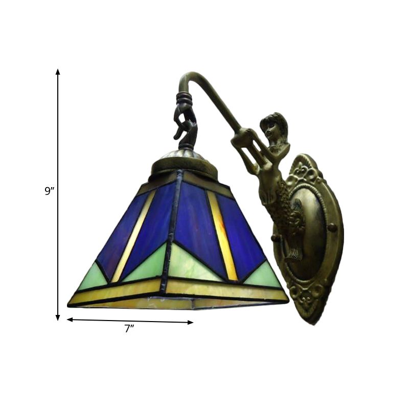Trapezoid Wall Mount Light Fixture Tiffany Bronze Cut Glass Wall Lighting with Mermaid Arm