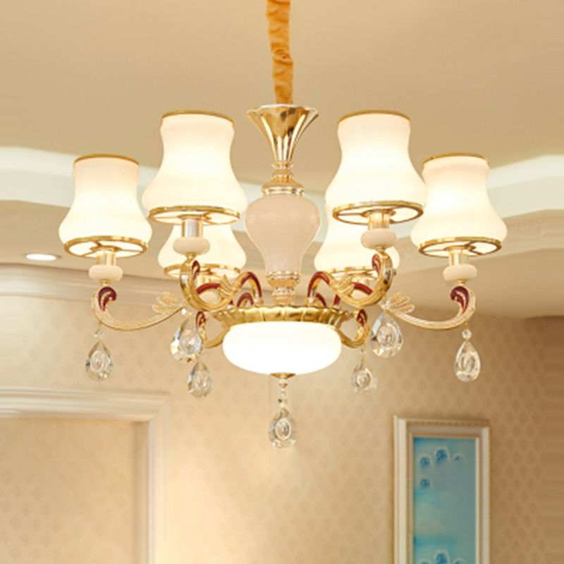 White Glass Bud Ceiling Lighting Traditional Living Room Chandelier Light Fixture with Crystal Draping