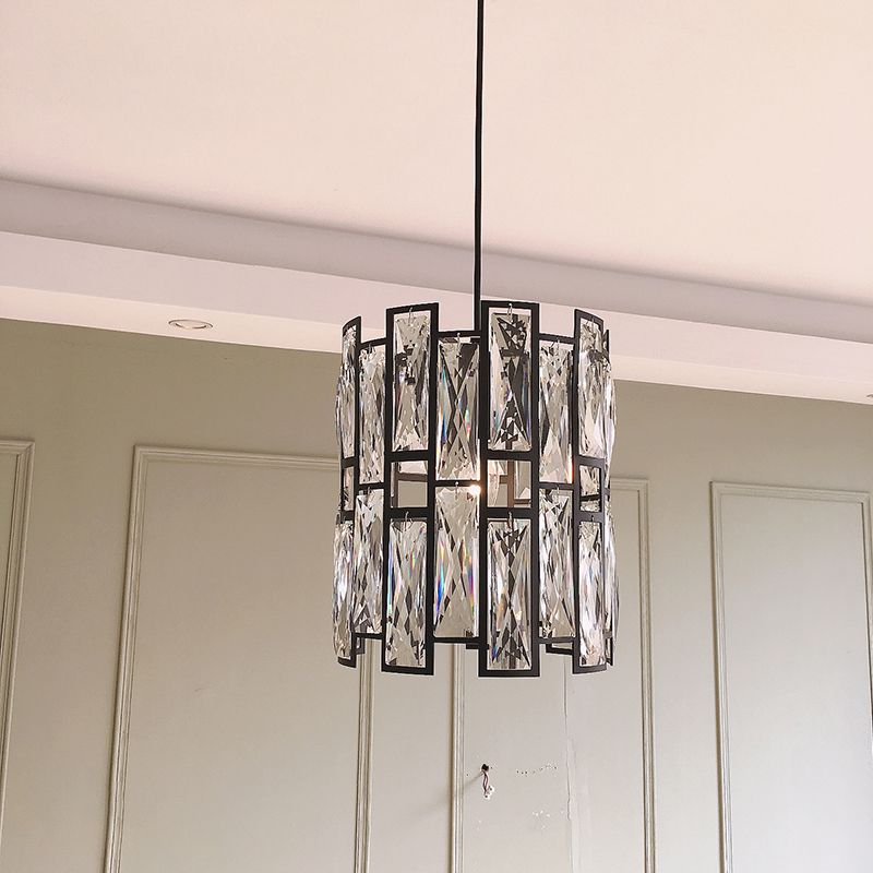 Modern Shaded Hanging Lamp Crystal Rectangles Dining Room Pendant Light in Black