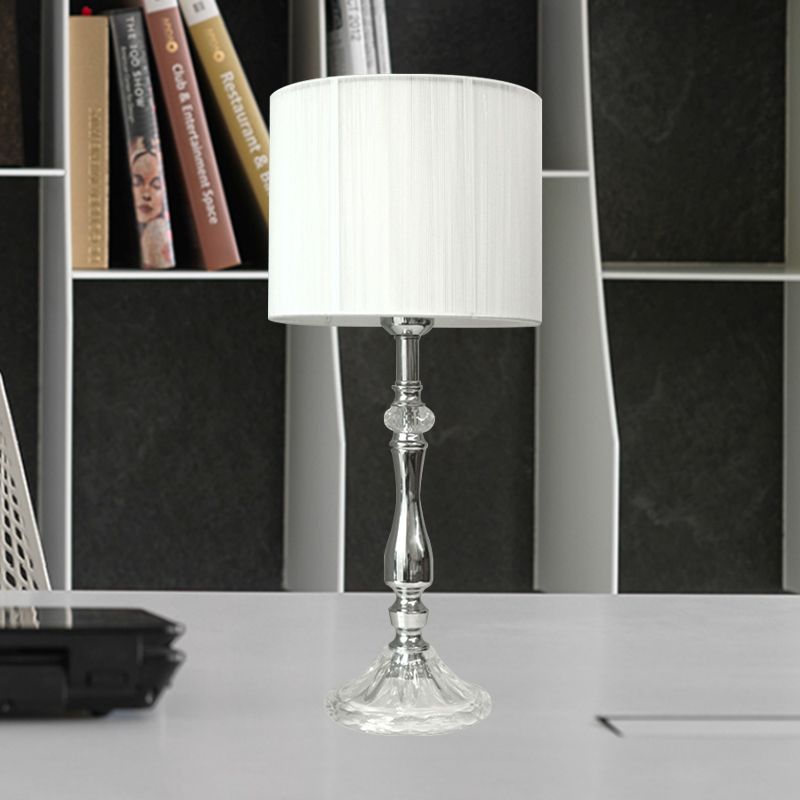 Modernist 1-Head Table Light White Drum Crystal Nightstand Lamp with Fabric Shade