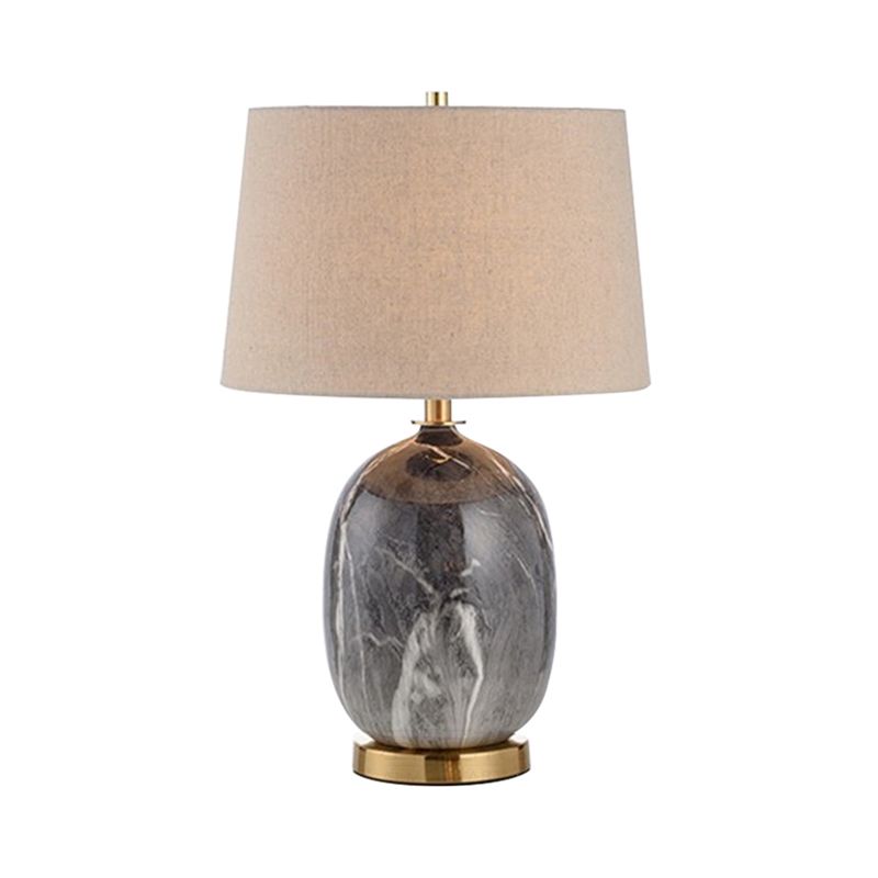 Luz de mesa de barril de lino moderno 1 lámpara de escritorio de tela de bulbo con base de mármol gris oblonga