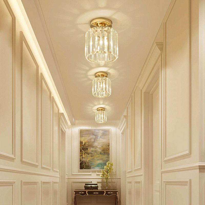 1-Light Crystal Flush Cylinder Shade in Gold and Clear Ceiling Flush