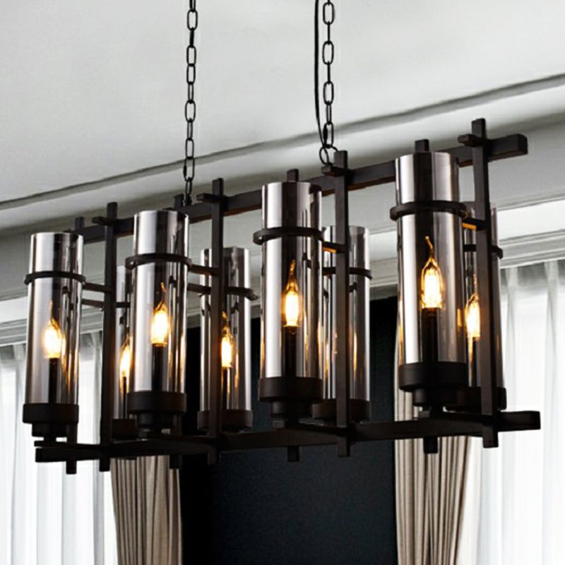 Smoked Glass Black Pendant Lamp Cylinder 8-Light Industrial Chandelier Light Fixture