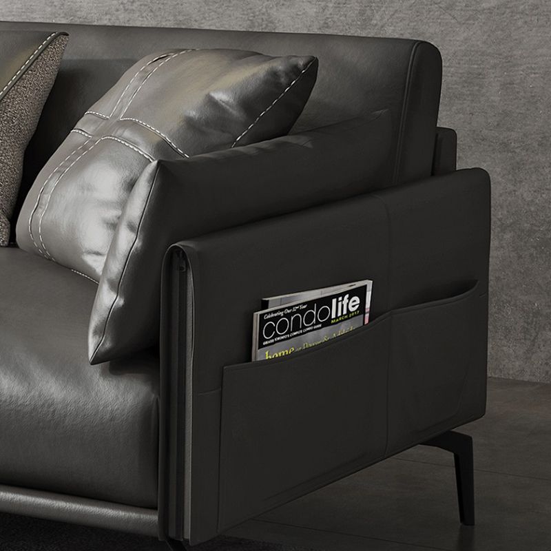Mid-Century Modern Loose Back Sofa Gray Genuine Leather Aqure Arm Sofa
