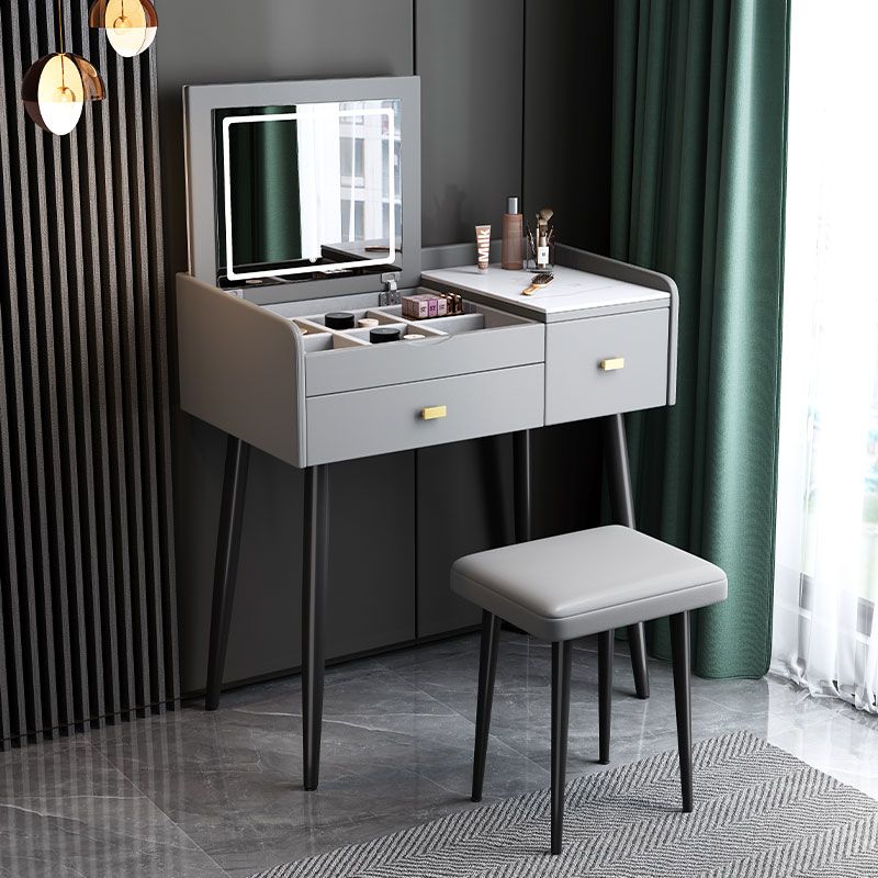 Flip Single Marble Vanity with Padded Stool Lighted Mirror Vanity Desk