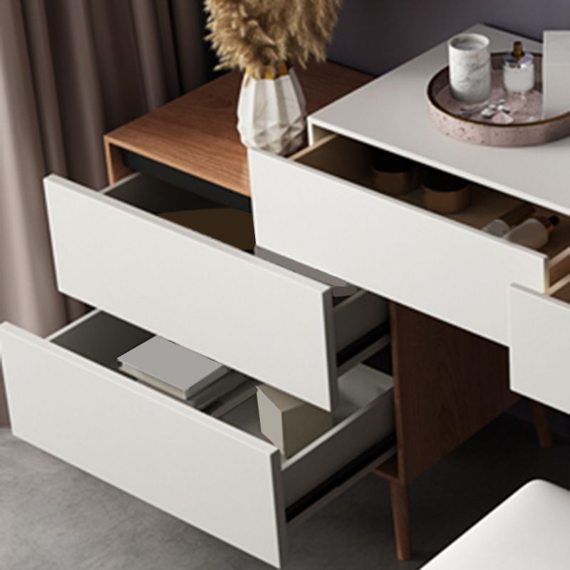 Contemporary Vanity Table and Stool Set With Mirror, Wood Makeup Vanity Set