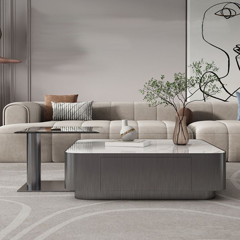 Square Slate Coffee Table Set Contemporary 2 Drawers Cocktail Table