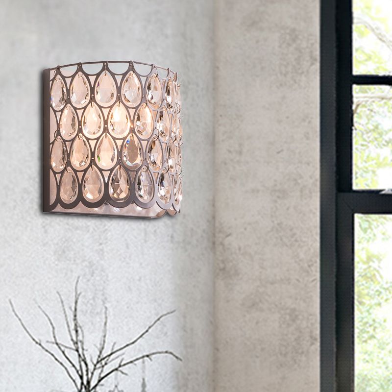 Clear Crystal Teardrop Wall Mounted Light with Cylinder Shade Contemporary 1 Light Wall Sconce in White