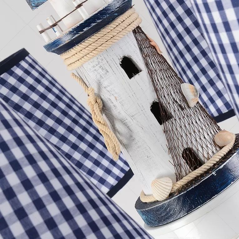 Kids Blue Pendant Light with Plaid Shade Lighthouse 6 Lights Metal Chandelier for Child Bedroom