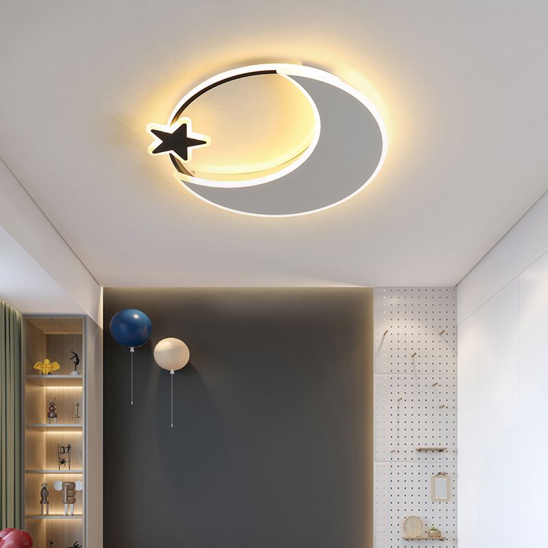 Acrylic Moon and Star Ceiling Fixture Childrens Black-White LED Flush Mount Light for Bedroom