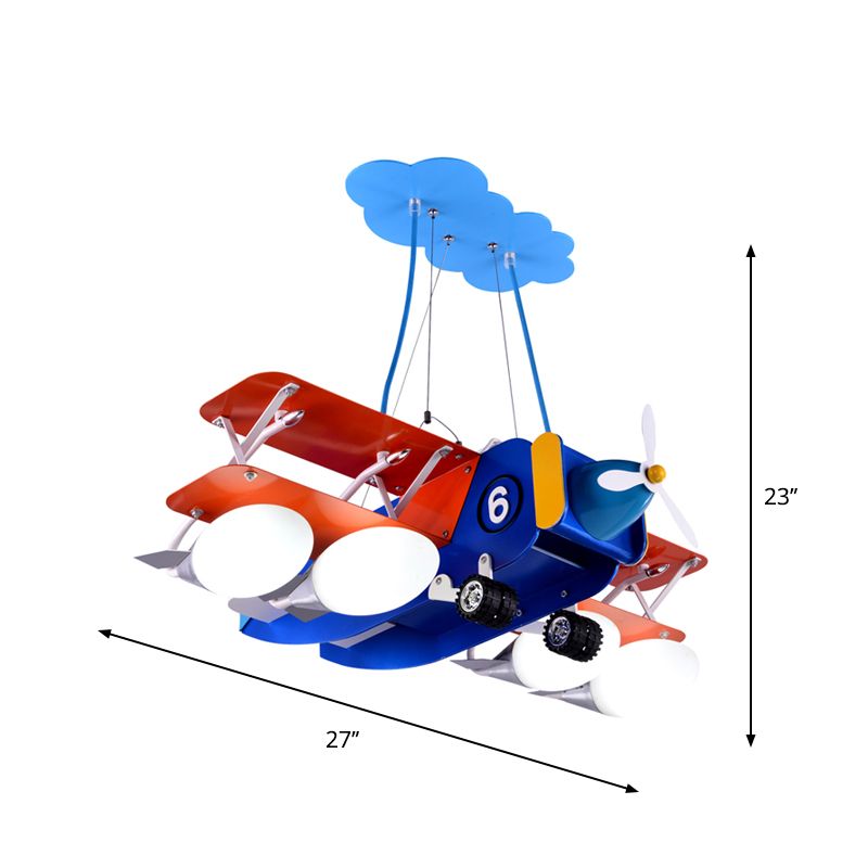 Blue and Red Biplane Chandelier Cartoon 4-Light Wooden Suspension Lighting with Oval Milk Glass Shade
