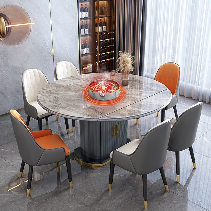 Contemporary Storage Pedestal Dining Table Round Extendable Dinner Table for Home
