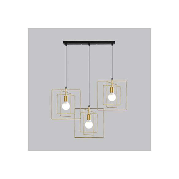 Frame Squared Metal Pendant Lighting Vintage Industrial 3 Lights Dining Room Hanging Ceiling Light in Gold