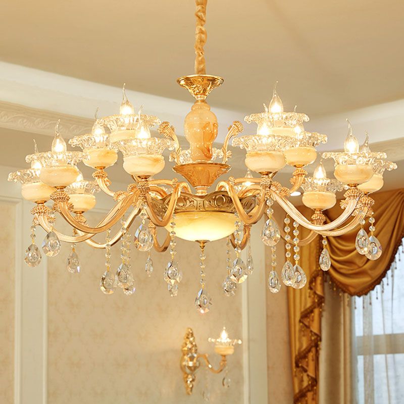 Floral Living Room Ceiling Pendant Rustic Jade Gold Chandelier Lighting Fixture with Crystal Draping