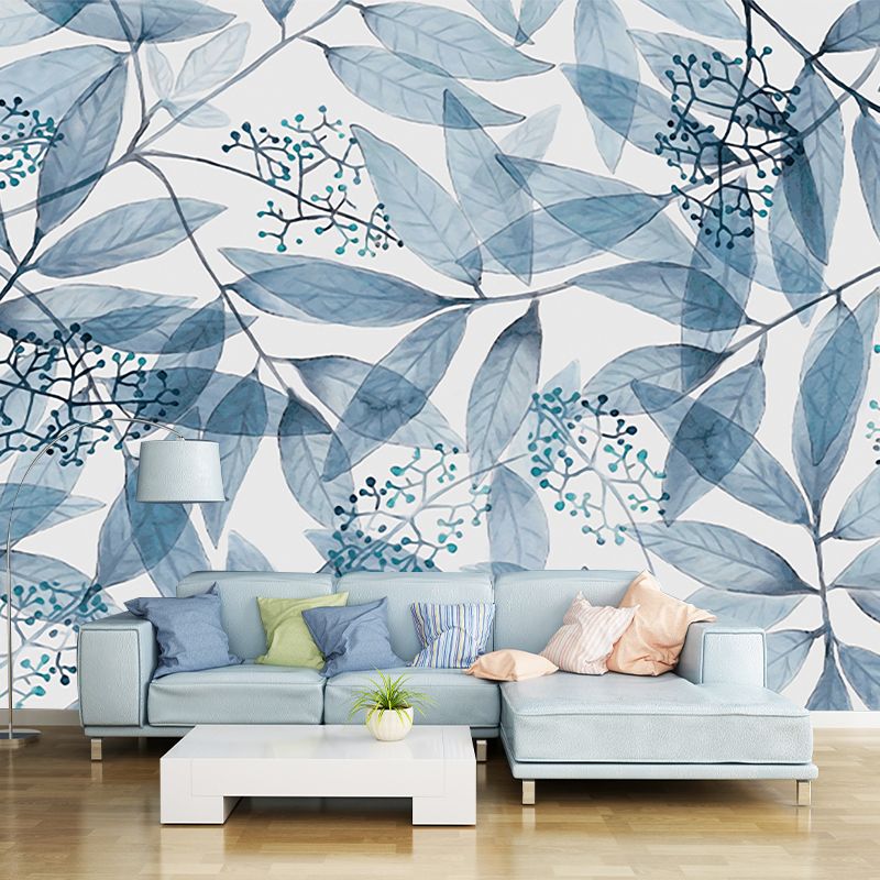 Blue and White Branch Murals for Wall Leaves Modern Water Resistant Home Wall Art