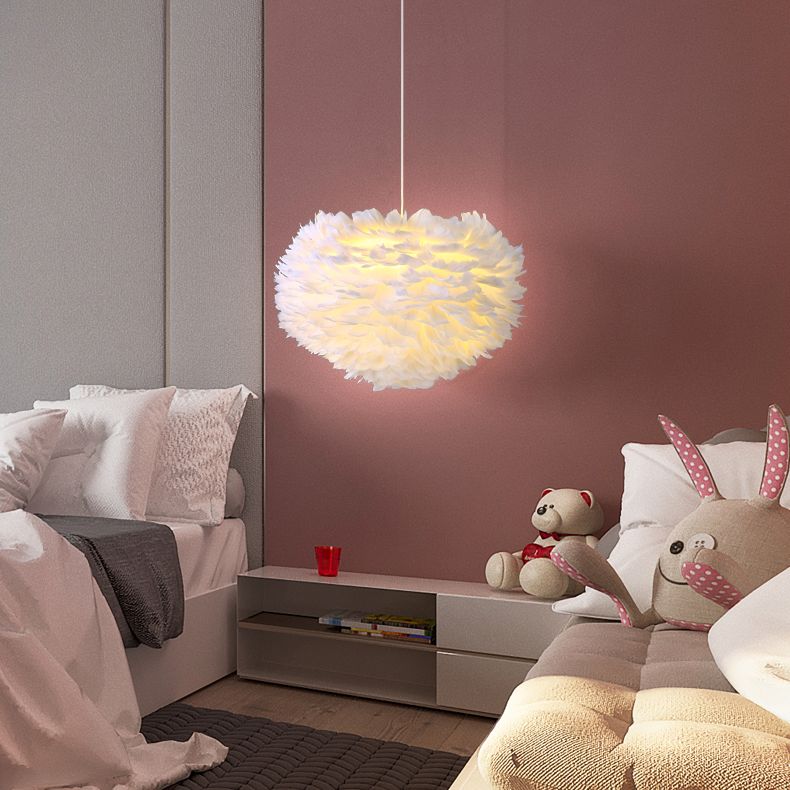 White Drum Pendant Light in Modern Creative Style Wrought Iron Chandelier with Feather Shade