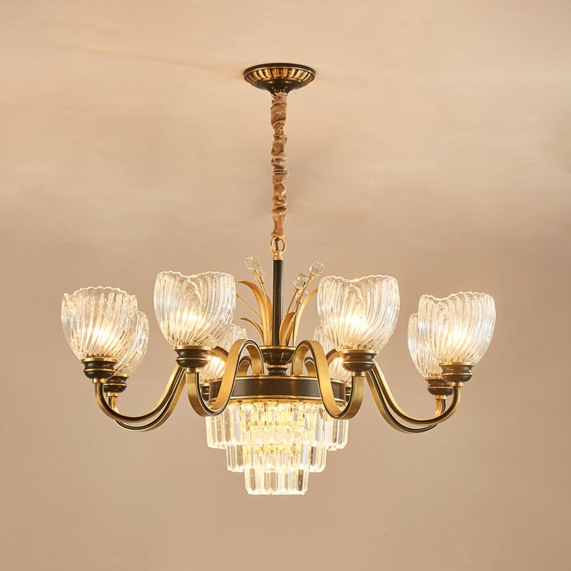 Braccio curvy soggiorno lampadario classico vetro prismatico in vetro a 8 luci oro a pendente