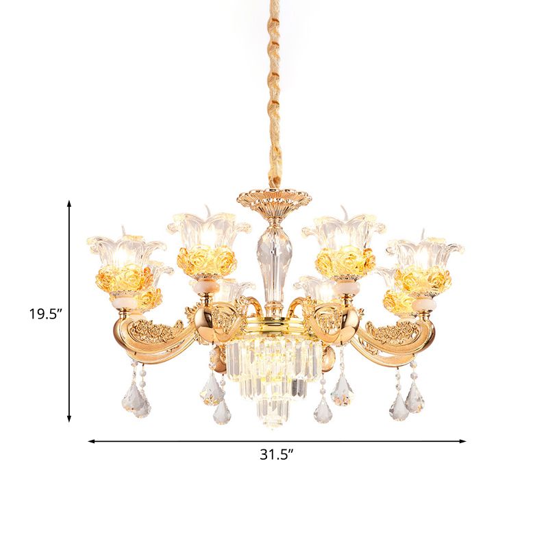 Kristalbloemen omhoog kroonluchter traditionele 8 bollen woonkamer hanglamp lamp in goud in goud