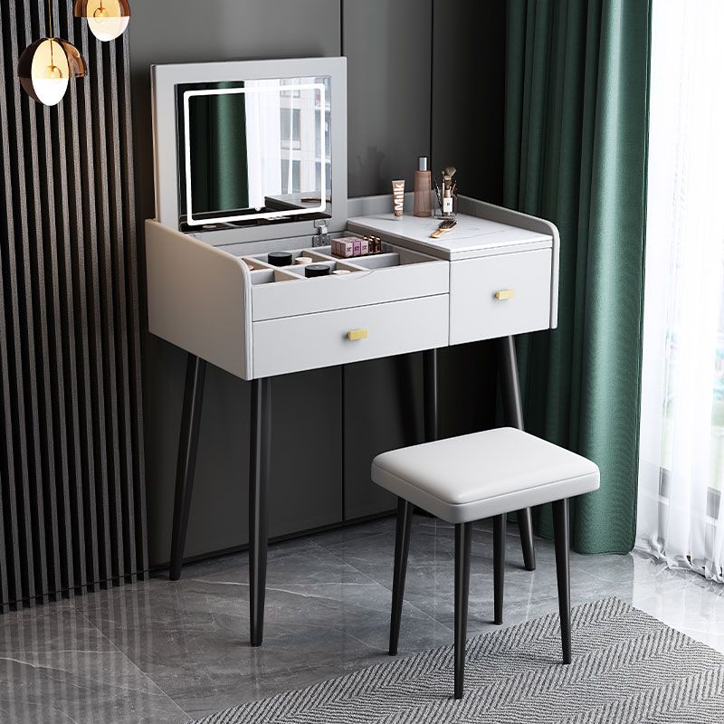 Flip Single Marble Vanity with Padded Stool Lighted Mirror Vanity Desk