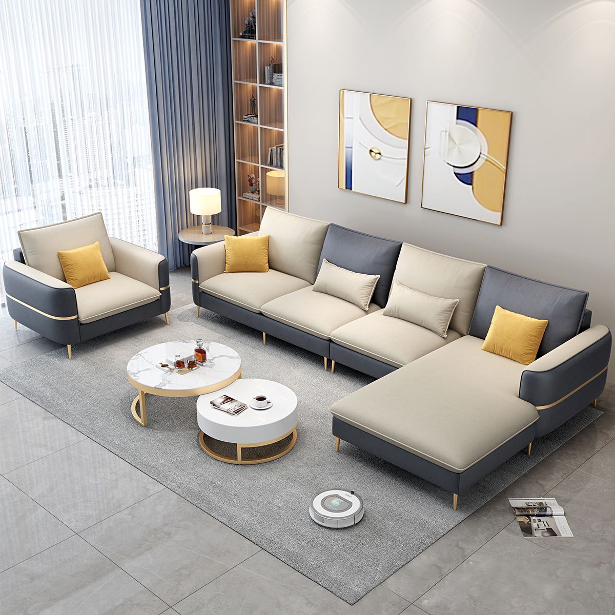 Contemporary Recessed Arm Sofa with Pillows Back and Golden Legs