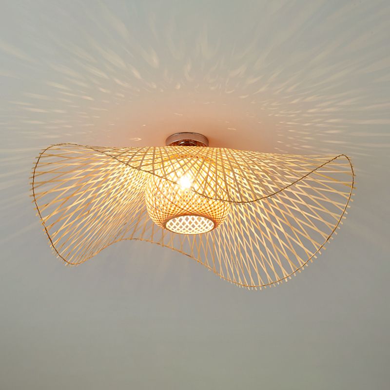 Twist Ceiling Light Fixture Asia Style Bamboo Beige Flush Mount Ceiling Lamp