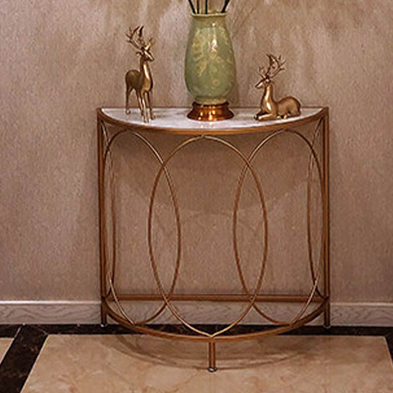 Modern Half Moon Console Table Stone Console Sofa Table in Gold and White