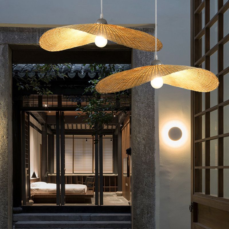 Asia Hat Hanging Light Fixture Bamboo Living Room Suspension Pendant Light in Beige