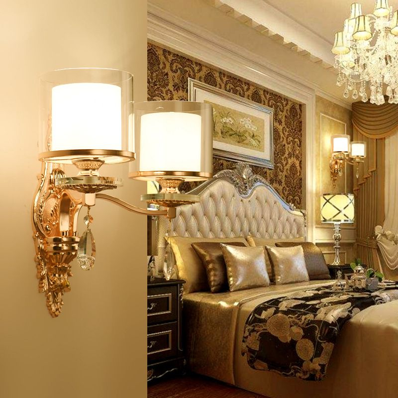 Clear Glass Cylinder Wall Mount Light Minimalism Corridor Wall Lighting with Crystal Accent in Gold