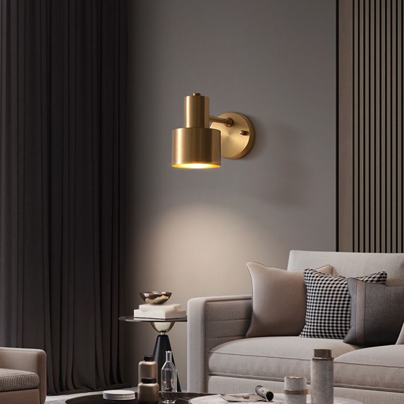 Modern Copper Wall Mount Lamp Cylindrical Shape Golden with Metal Shade for Living Room