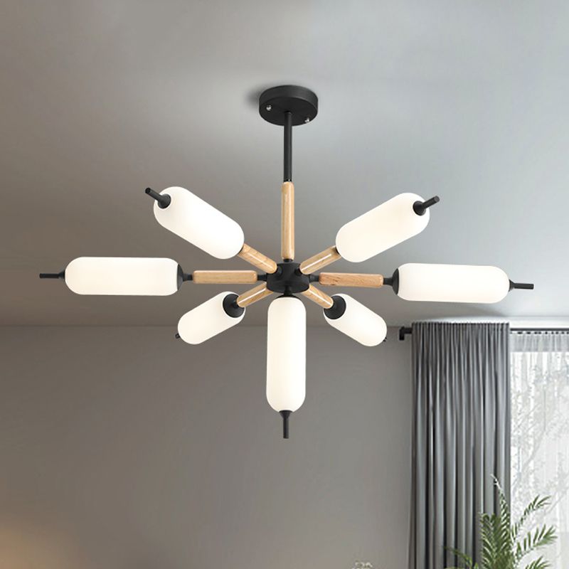 Houten barstende kroonluchter licht Noordse 7-lights black plafond suspensielampje met cilindermatte glazen lampenkap