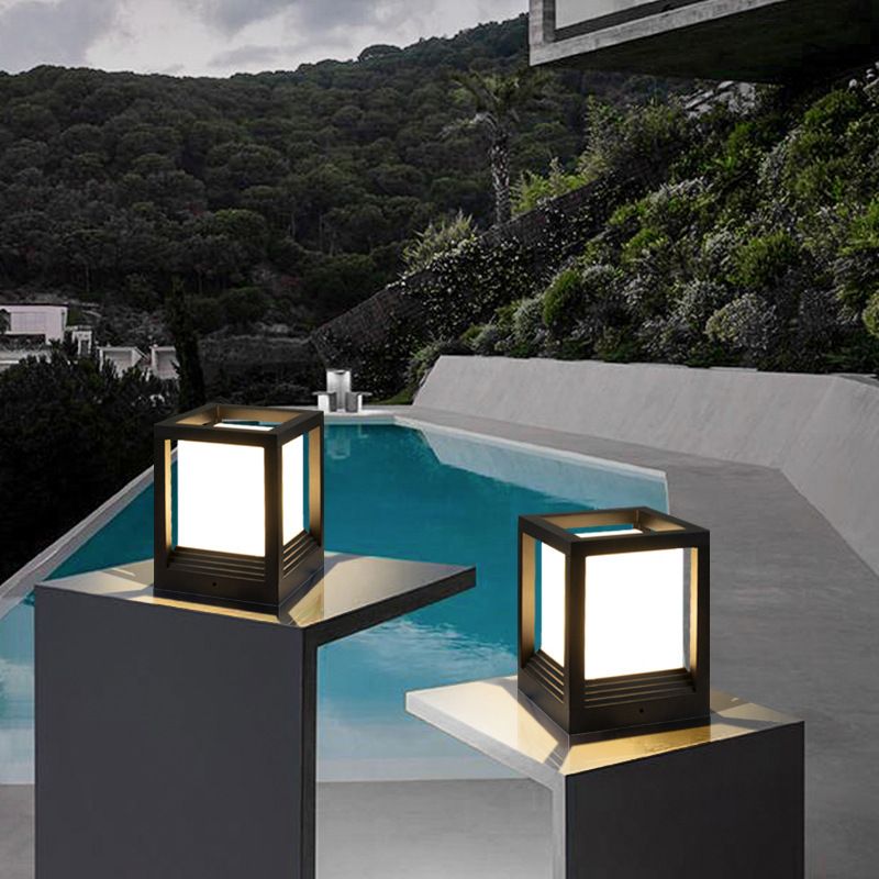Rectangle Shape Metal Waterproof Pillar Lamp Modern Style 1 Light Outdoor Light in Black