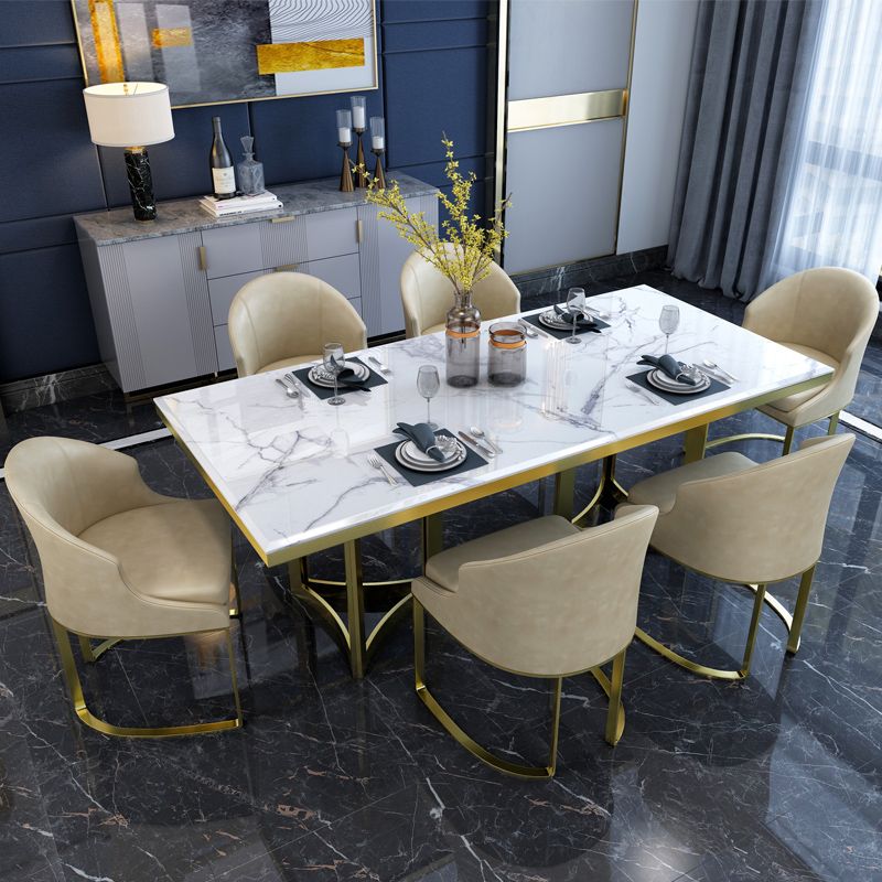 Luxury Sintered Stone Top Kitchen Table Rectangle Table with Gold Double Pedestal