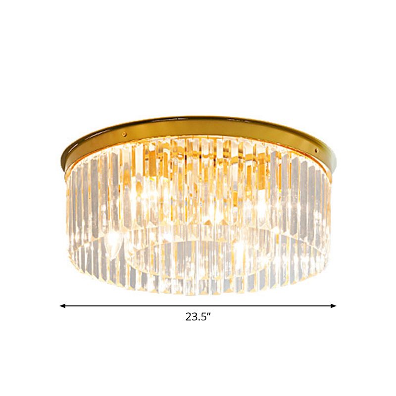 Crystal Drum Flush Mount Lamp Simplicity 3/4/5 Bulbs Bedroom Ceiling Light in Gold, 12.5"/16.5"/23.5" Wide
