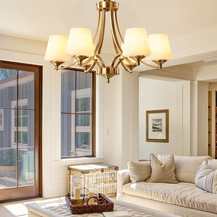 Post-Modern Curvy Arm Hanging Chandelier Light White Glass Shade Ceiling Chandelier in Gold for Living Room