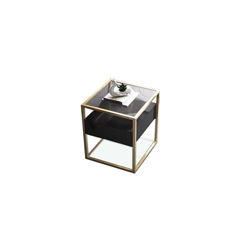 21.2" Tall Modern Rectangular Glass Top Side Table Iron Frame End Table with Storage