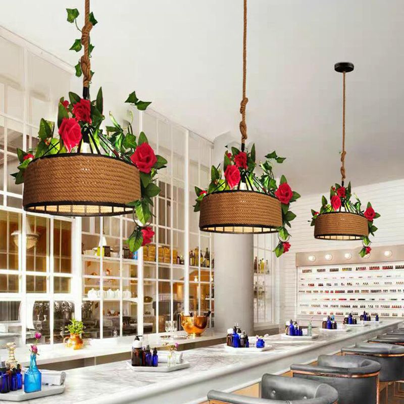 Factory Round Cage Drop Pendant 1-Bulb Hemp Rope Flower Hanging Light Fixture in Black, 12"/16"/19.5" Wide