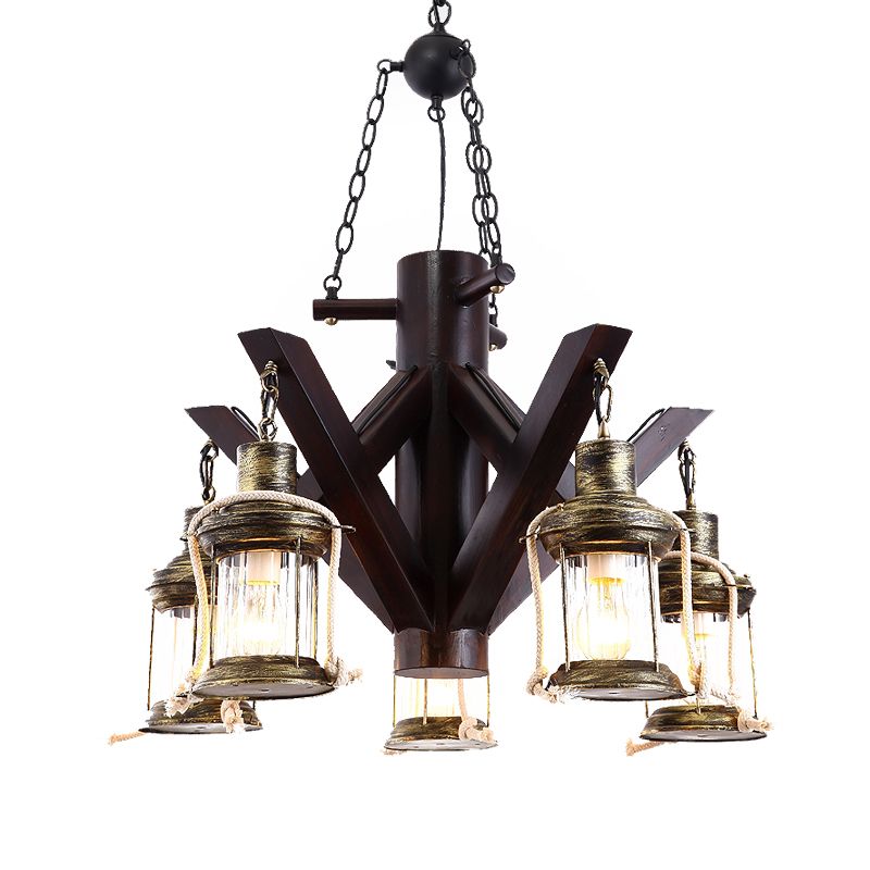 5 Lights Ceiling Chandelier Vintage Clear Glass Hanging Light Fixture in Black for Living Room